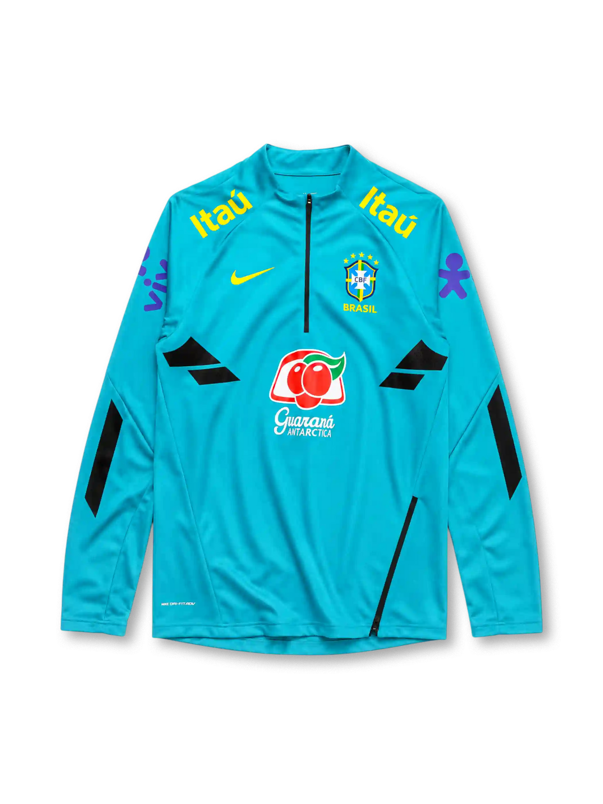 Brazil 2022-23 training top, front view, teal body with black geometric panels, quarter-zip funnel collar, Nike swoosh, CBF Brasil crest with five stars, Itaú sponsor text, Guaraná Antarctica sponsor logo, purple sleeve graphics