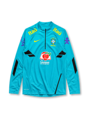 Brazil 2022-23 training top, front view, teal body with black geometric panels, quarter-zip funnel collar, Nike swoosh, CBF Brasil crest with five stars, Itaú sponsor text, Guaraná Antarctica sponsor logo, purple sleeve graphics