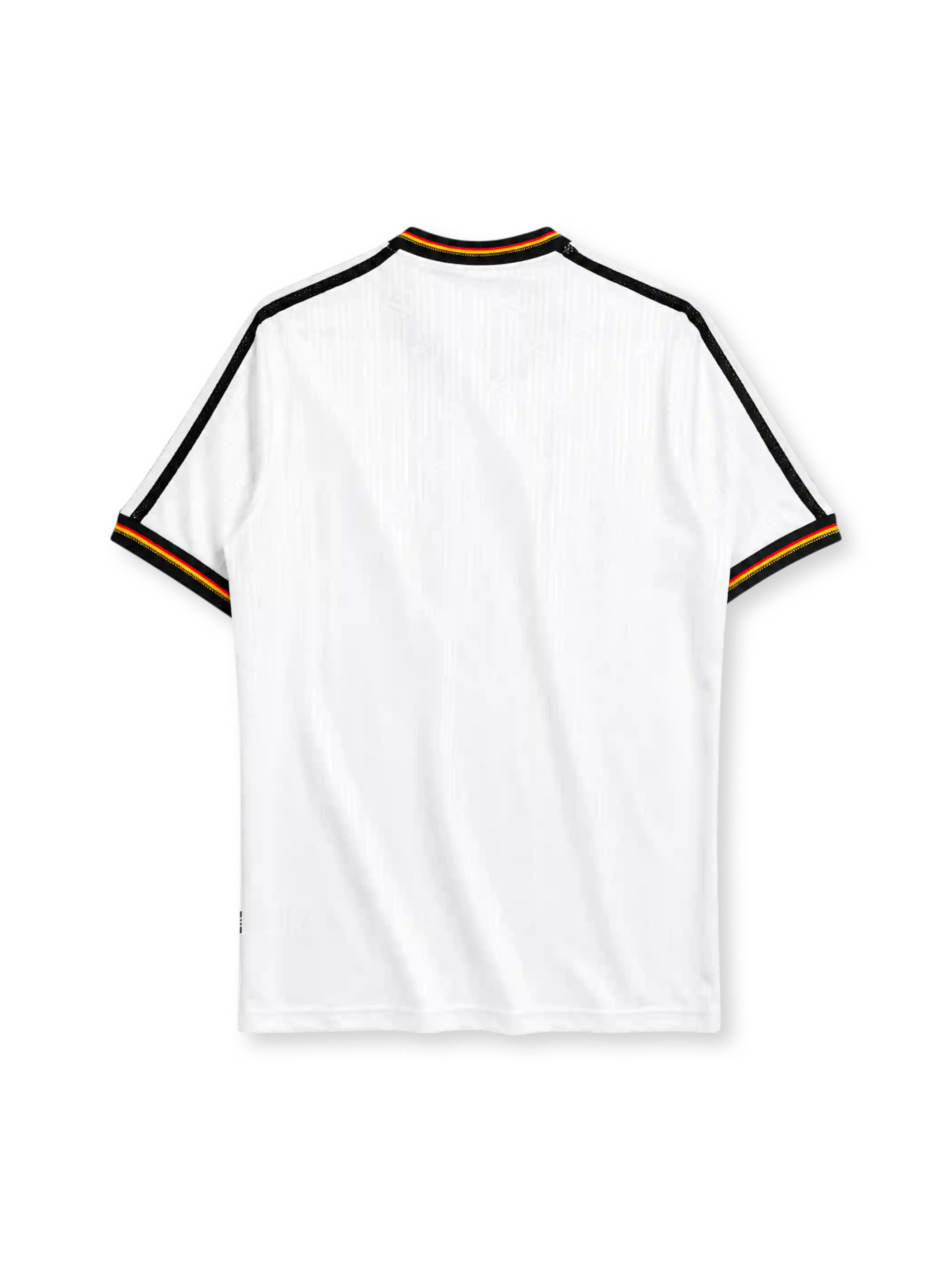 Germany 1996 Euro home jersey, front view, white body with black mesh shoulder stripes, flag-colored trim, button-up collar, adidas wordmark, three championship stars, German Football Association crest