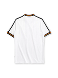 Germany 1996 Euro home jersey, front view, white body with black mesh shoulder stripes, flag-colored trim, button-up collar, adidas wordmark, three championship stars, German Football Association crest