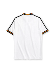 Germany 1996 Euro home jersey, front view, white body with black mesh shoulder stripes, flag-colored trim, button-up collar, adidas wordmark, three championship stars, German Football Association crest