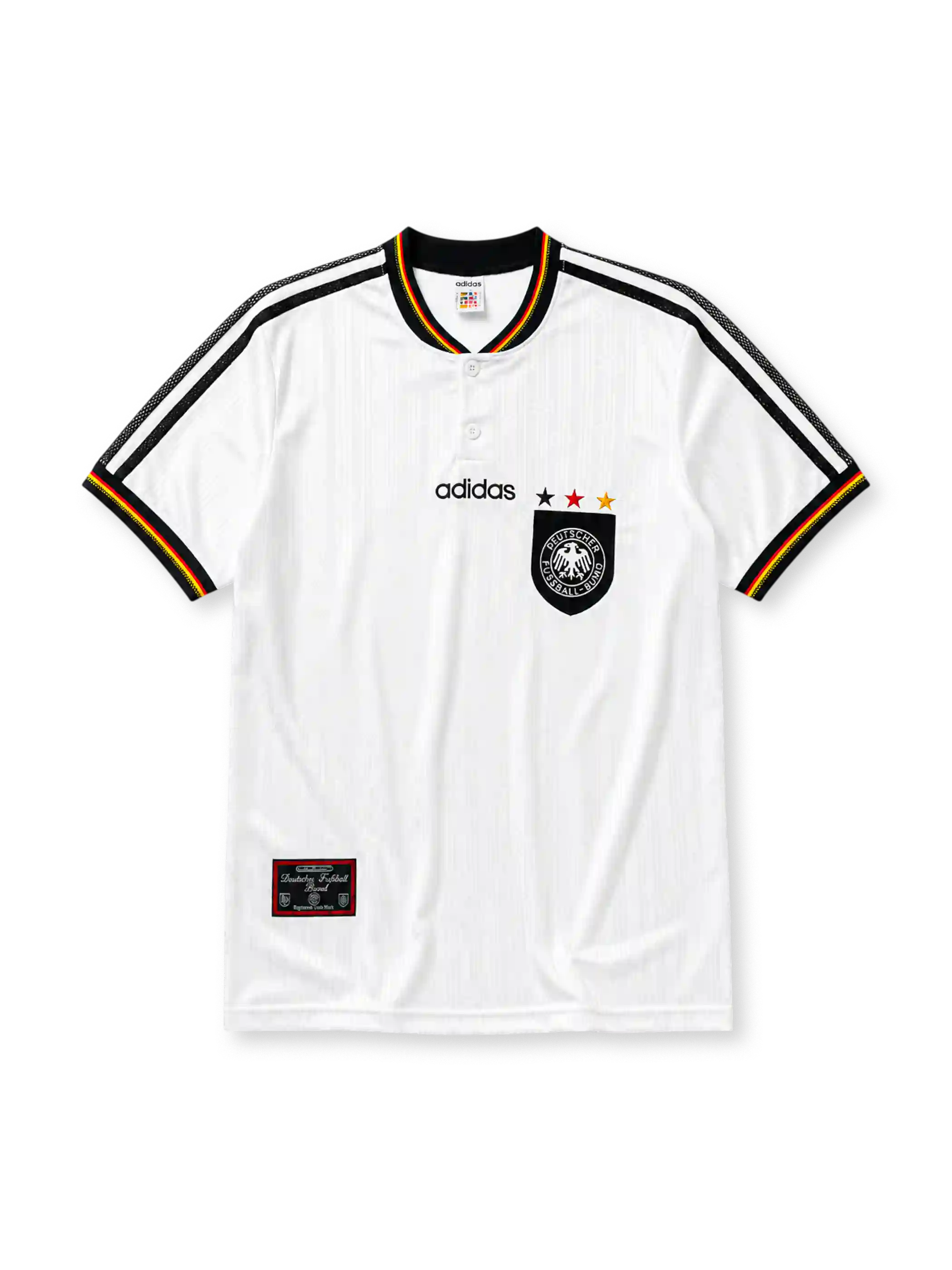 Germany 1996 Euro home jersey, front view, white body with black mesh shoulder stripes, flag-colored trim, button-up collar, adidas wordmark, three championship stars, German Football Association crest