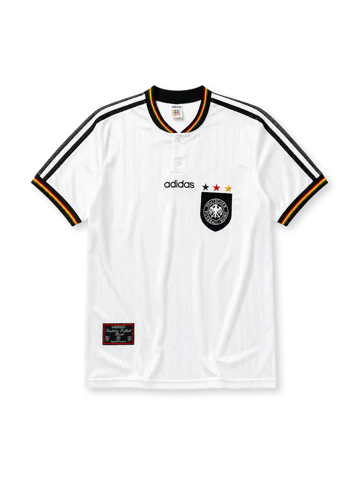 Germany 1996 Euro home jersey, front view, white body with black mesh shoulder stripes, flag-colored trim, button-up collar, adidas wordmark, three championship stars, German Football Association crest