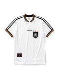 Germany 1996 Euro home jersey, front view, white body with black mesh shoulder stripes, flag-colored trim, button-up collar, adidas wordmark, three championship stars, German Football Association crest