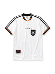 Germany 1996 Euro home jersey, front view, white body with black mesh shoulder stripes, flag-colored trim, button-up collar, adidas wordmark, three championship stars, German Football Association crest