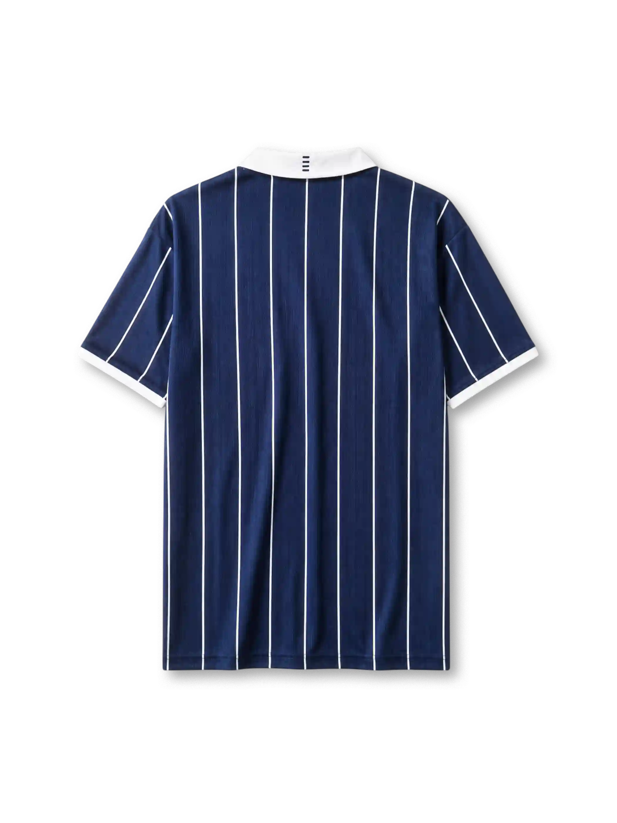 Scotland 2002 home jersey, front view, navy body with white pinstripes, white point collar and cuffs, FILA wordmark, Scottish Football Association lion rampant crest