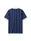 Scotland 2002 home jersey, front view, navy body with white pinstripes, white point collar and cuffs, FILA wordmark, Scottish Football Association lion rampant crest