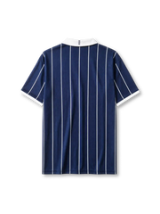 Scotland 2002 home jersey, front view, navy body with white pinstripes, white point collar and cuffs, FILA wordmark, Scottish Football Association lion rampant crest