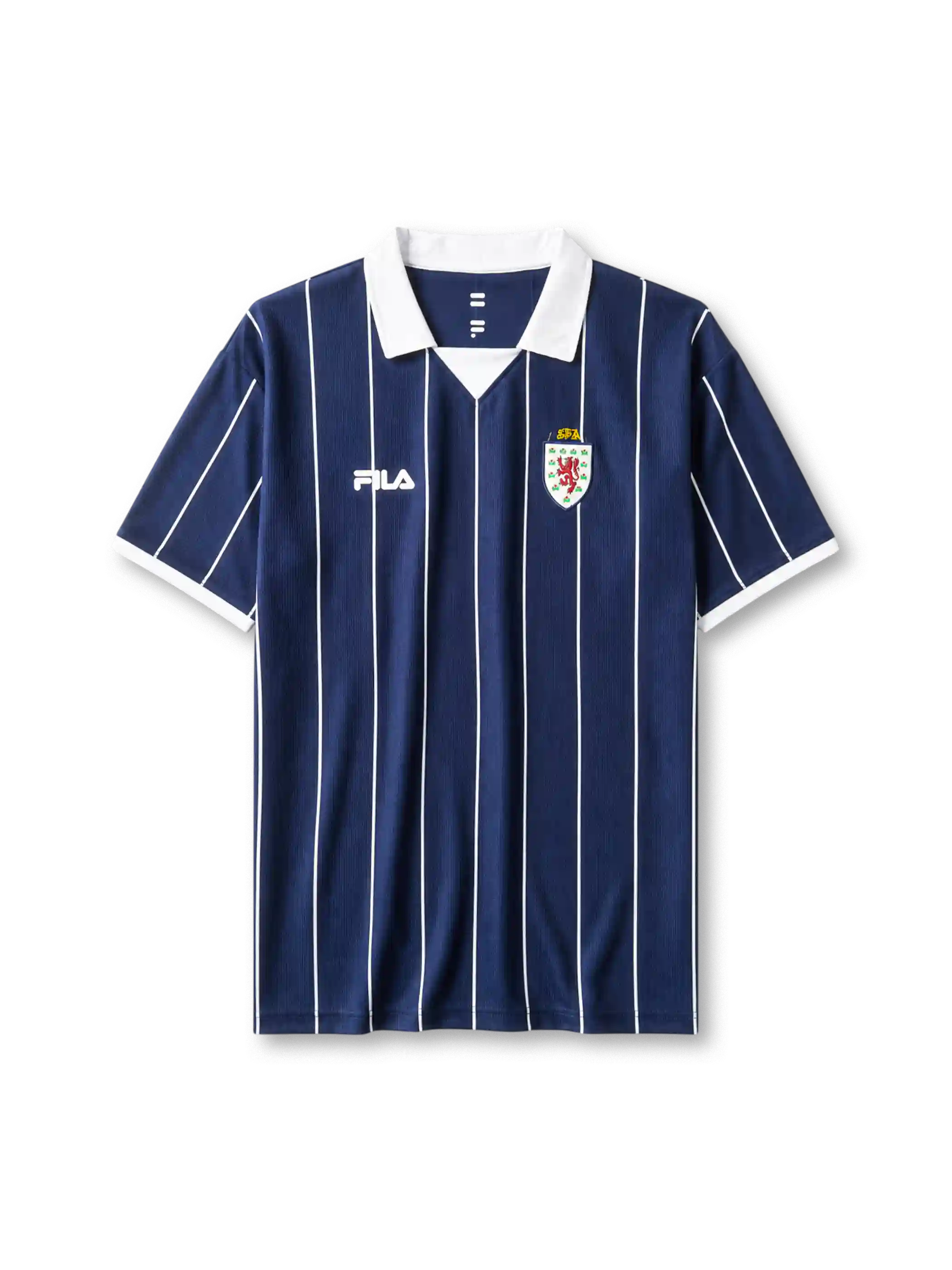 Scotland 2002 home jersey, front view, navy body with white pinstripes, white point collar and cuffs, FILA wordmark, Scottish Football Association lion rampant crest