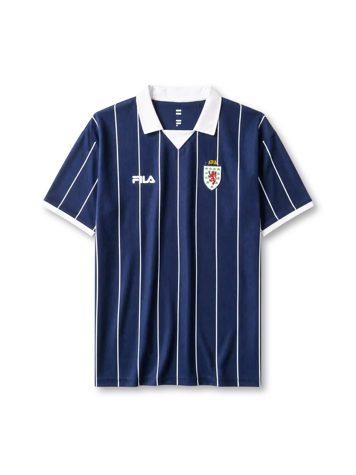 Scotland 2002 home jersey, front view, navy body with white pinstripes, white point collar and cuffs, FILA wordmark, Scottish Football Association lion rampant crest