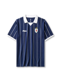 Scotland 2002 home jersey, front view, navy body with white pinstripes, white point collar and cuffs, FILA wordmark, Scottish Football Association lion rampant crest
