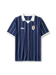 Scotland 2002 home jersey, front view, navy body with white pinstripes, white point collar and cuffs, FILA wordmark, Scottish Football Association lion rampant crest