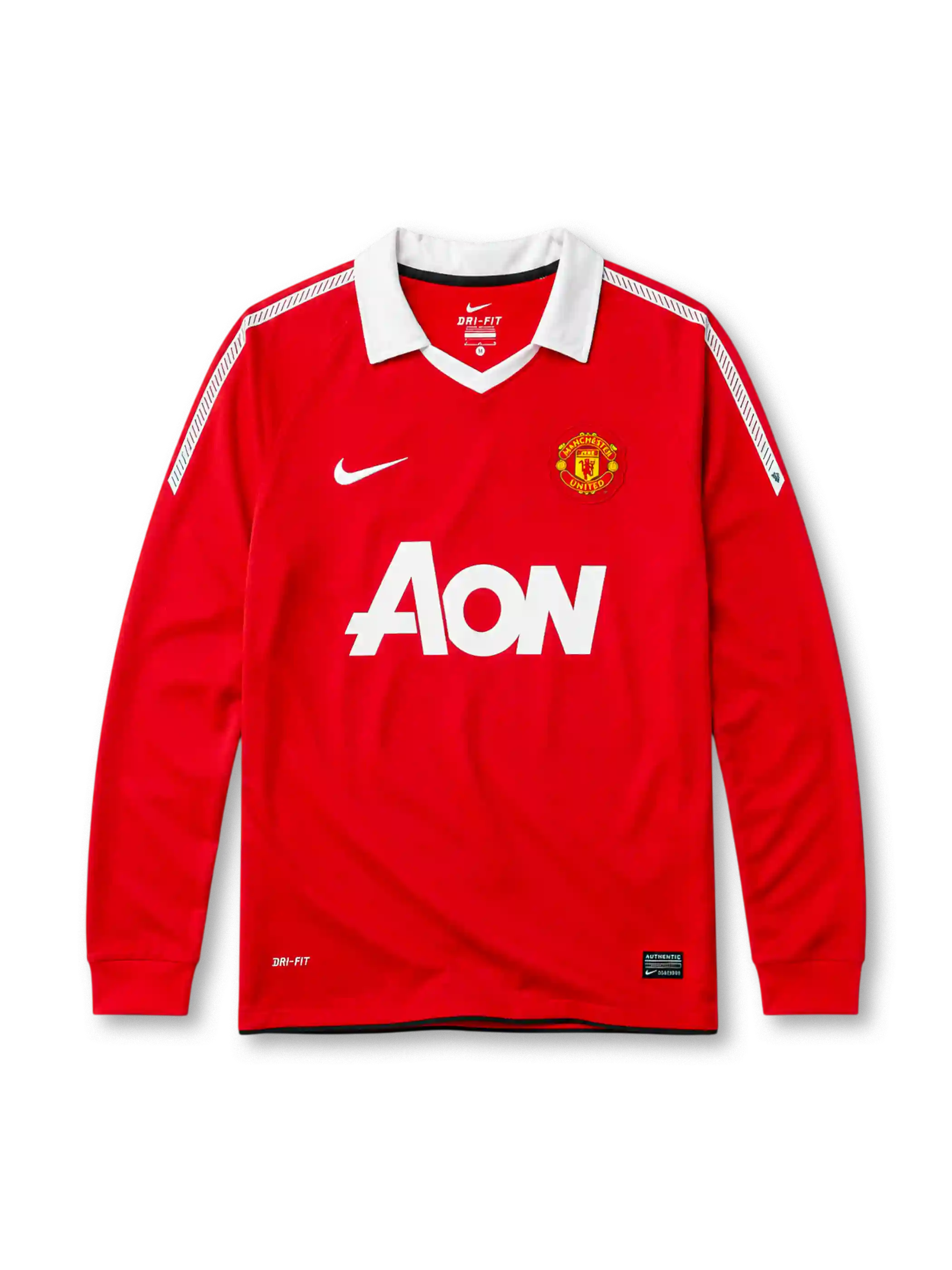 Manchester United 2010-11 home long sleeve jersey, front view, red body with white shoulder and sleeve pinstripes, white point collar, Nike swoosh logo, club crest, AON sponsor logo