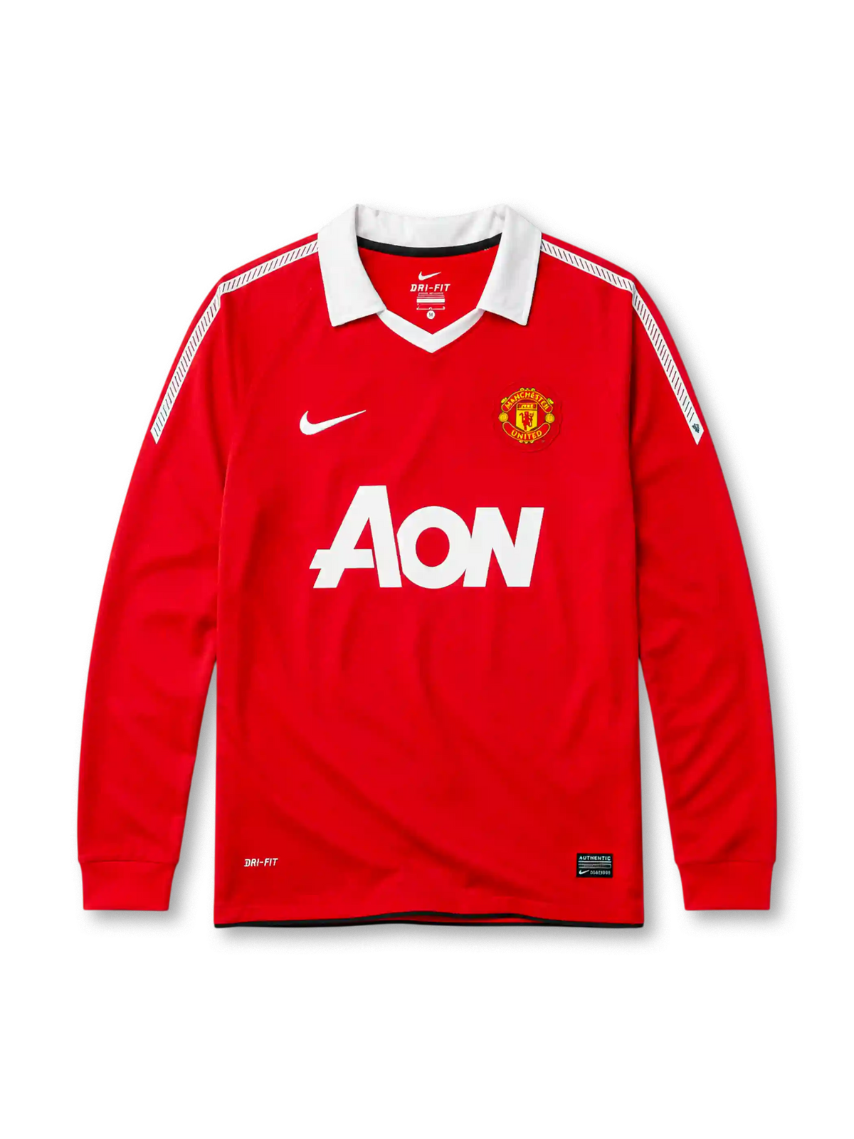 Manchester United 2010-11 home long sleeve jersey, front view, red body with white shoulder and sleeve pinstripes, white point collar, Nike swoosh logo, club crest, AON sponsor logo