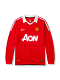 Manchester United 2010-11 home long sleeve jersey, front view, red body with white shoulder and sleeve pinstripes, white point collar, Nike swoosh logo, club crest, AON sponsor logo