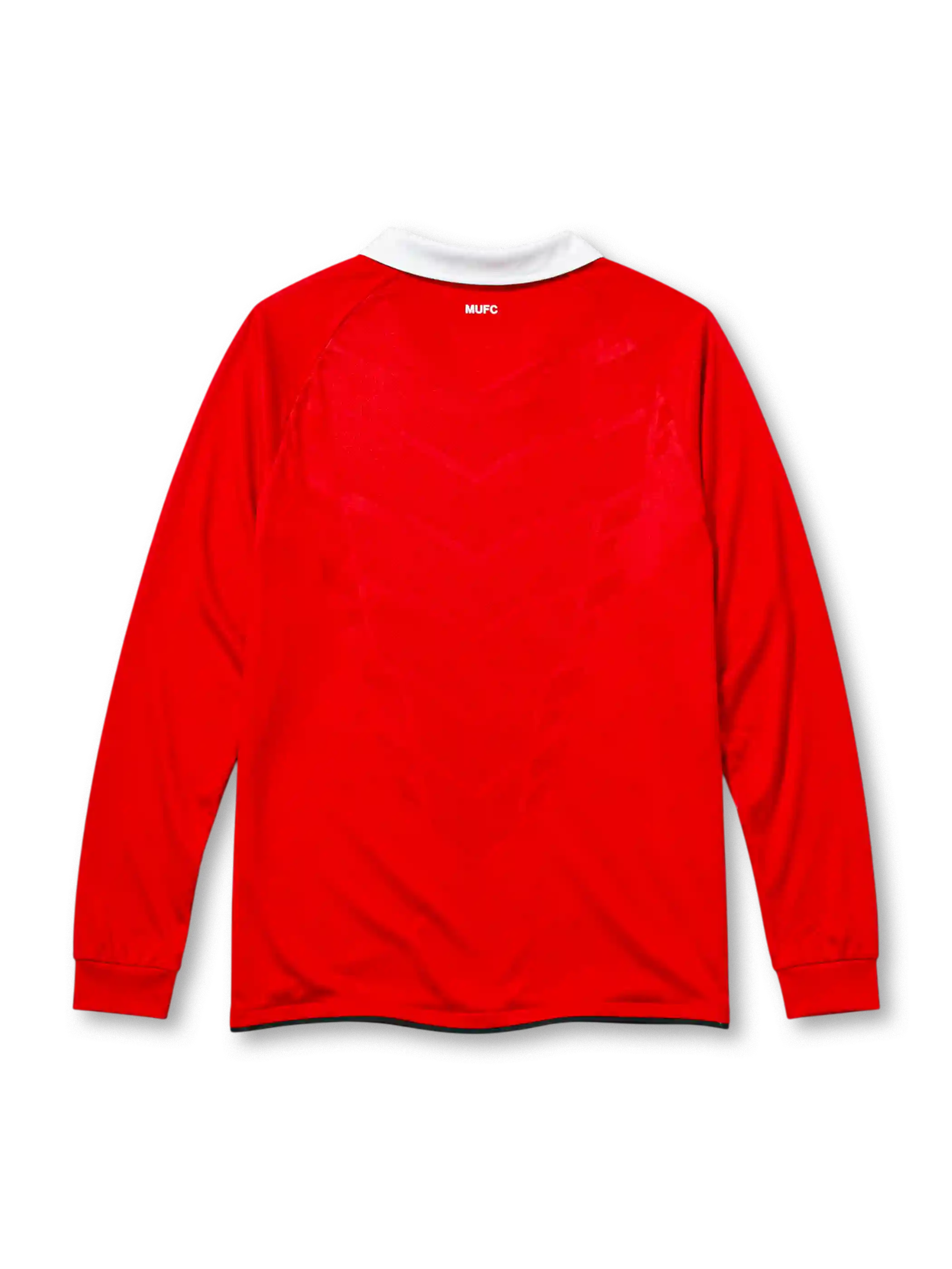 Manchester United 2010-11 home long sleeve jersey, front view, red body with white shoulder and sleeve pinstripes, white point collar, Nike swoosh logo, club crest, AON sponsor logo