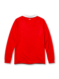 Manchester United 2010-11 home long sleeve jersey, front view, red body with white shoulder and sleeve pinstripes, white point collar, Nike swoosh logo, club crest, AON sponsor logo
