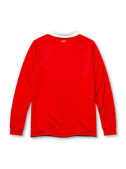 Manchester United 2010-11 home long sleeve jersey, front view, red body with white shoulder and sleeve pinstripes, white point collar, Nike swoosh logo, club crest, AON sponsor logo