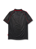 AC Milan 1998-99 third jersey, front view, black body with red hooped chest stripes, adidas three-stripe shoulder detailing, championship star, adidas logo, club crest, Opel sponsor logo