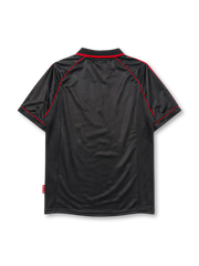 AC Milan 1998-99 third jersey, front view, black body with red hooped chest stripes, adidas three-stripe shoulder detailing, championship star, adidas logo, club crest, Opel sponsor logo