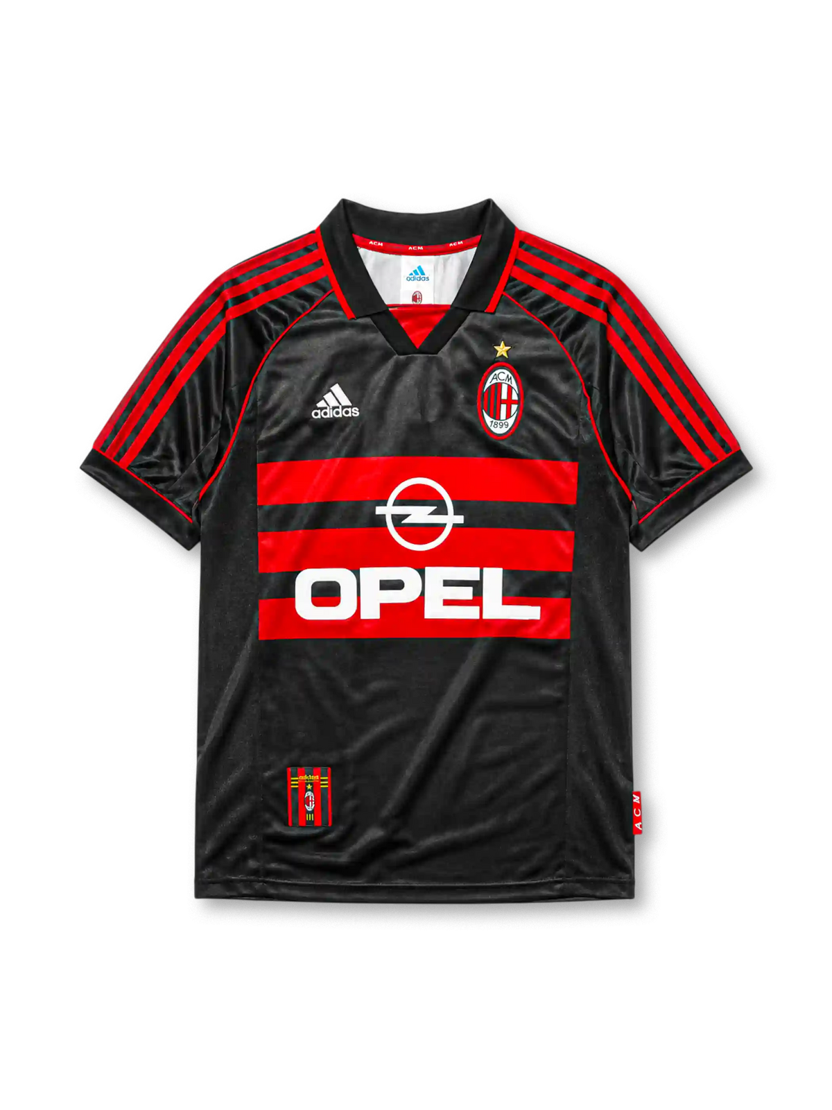 AC Milan 1998-99 third jersey, front view, black body with red hooped chest stripes, adidas three-stripe shoulder detailing, championship star, adidas logo, club crest, Opel sponsor logo