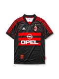 AC Milan 1998-99 third jersey, front view, black body with red hooped chest stripes, adidas three-stripe shoulder detailing, championship star, adidas logo, club crest, Opel sponsor logo