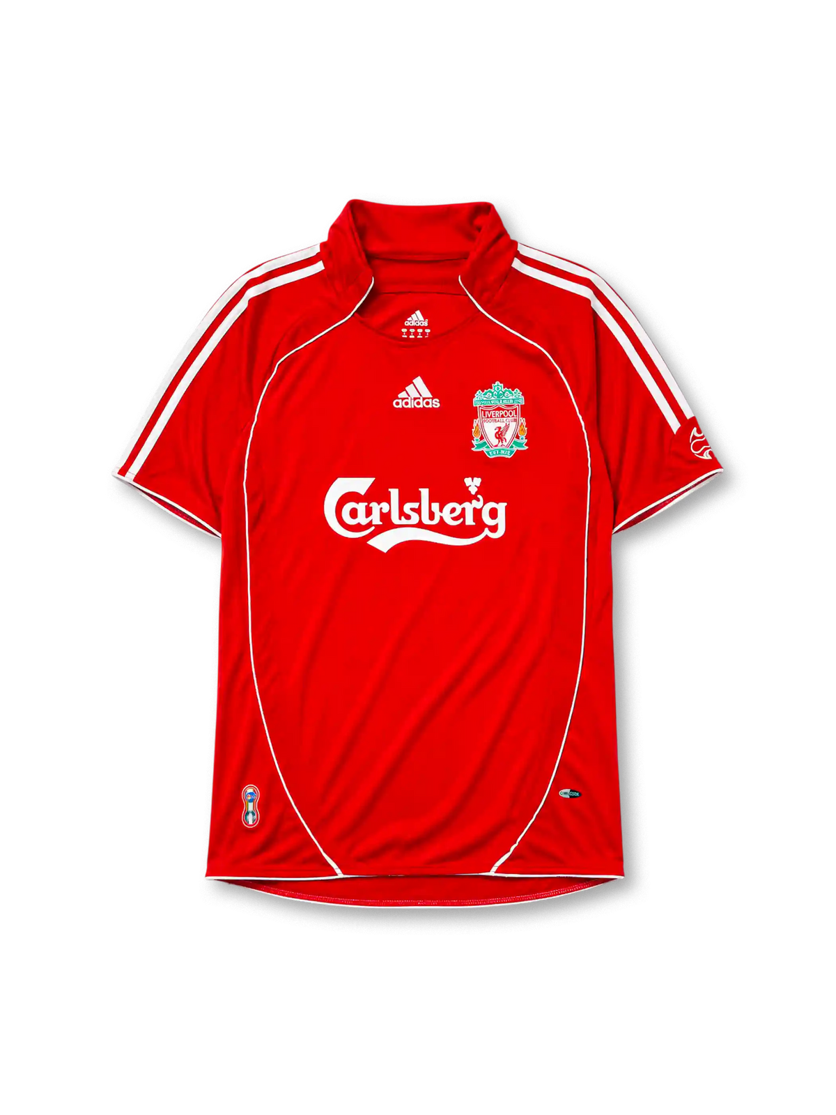 Liverpool 2006-07 home jersey, front view, red body with white piping, funnel collar, adidas three-stripe shoulder detailing, adidas logo, club crest, Carlsberg sponsor logo