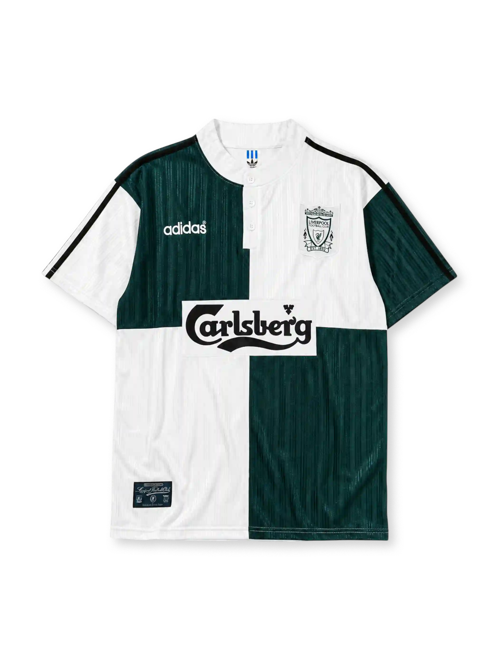 Liverpool 1995-96 away jersey, front view, quartered green and white body, white button-up collar with black adidas trim, adidas trefoil logo, club crest, Carlsberg sponsor logo