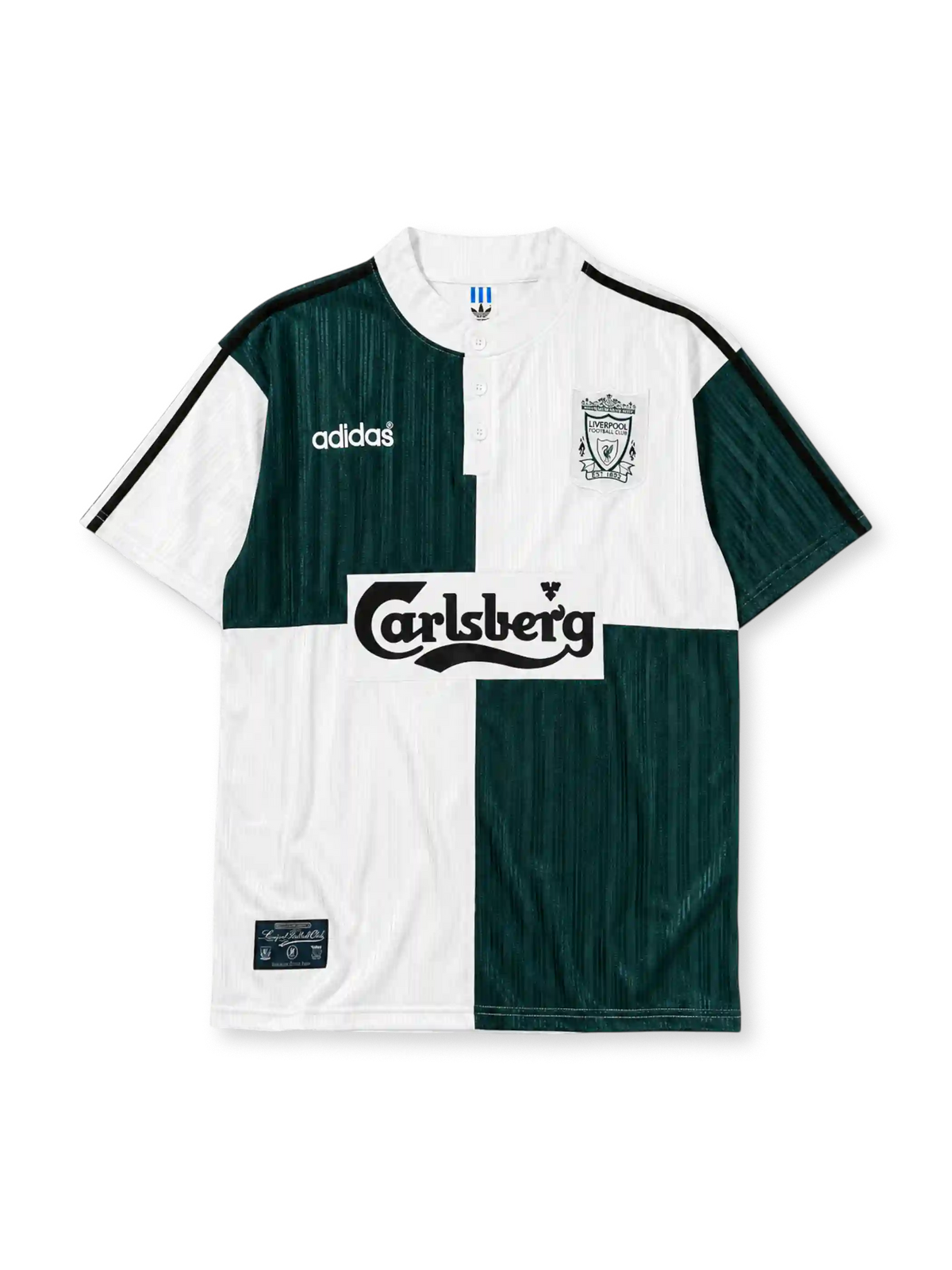 Liverpool 1995-96 away jersey, front view, quartered green and white body, white button-up collar with black adidas trim, adidas trefoil logo, club crest, Carlsberg sponsor logo
