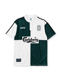 Liverpool 1995-96 away jersey, front view, quartered green and white body, white button-up collar with black adidas trim, adidas trefoil logo, club crest, Carlsberg sponsor logo