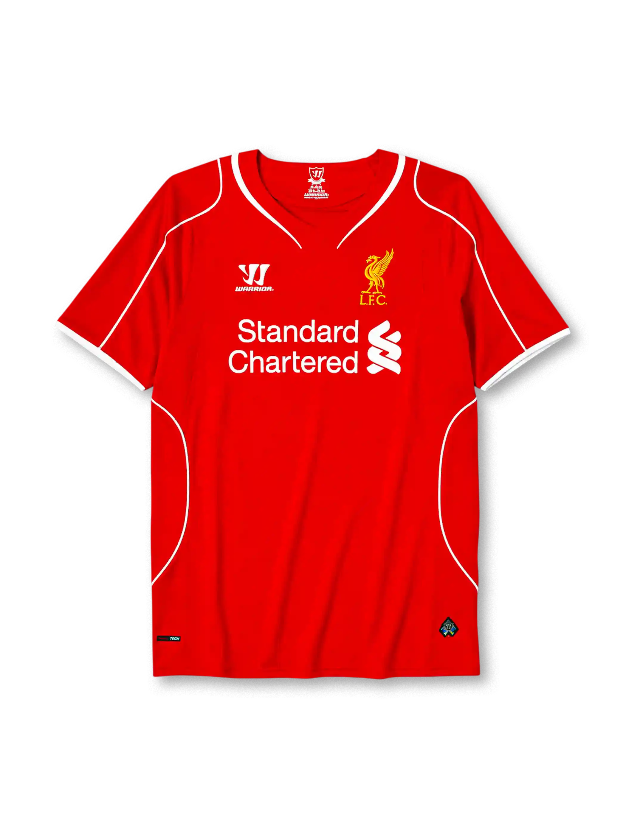 Liverpool 2014-15 home jersey, front view, red body with white piping, V-neck collar, Warrior logo, simplified Liver Bird L.F.C. crest, Standard Chartered sponsor logo