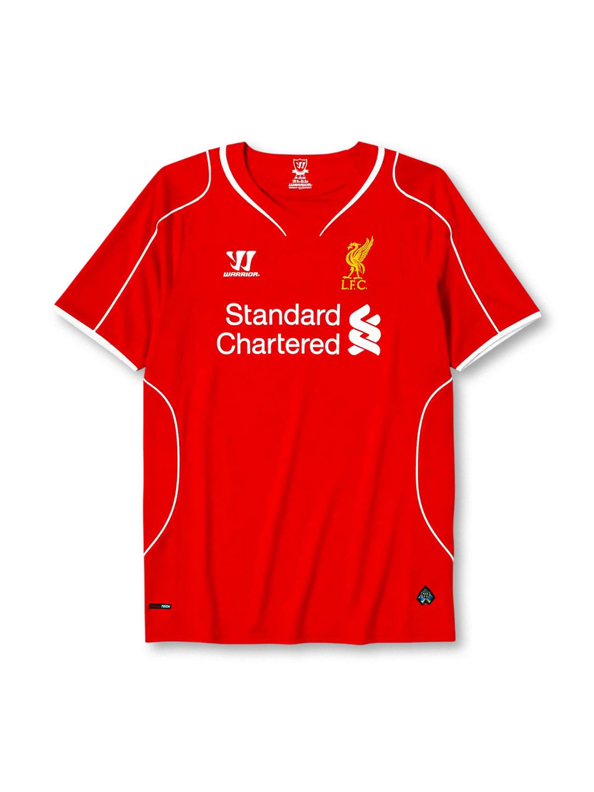 Liverpool 2014-15 home jersey, front view, red body with white piping, V-neck collar, Warrior logo, simplified Liver Bird L.F.C. crest, Standard Chartered sponsor logo