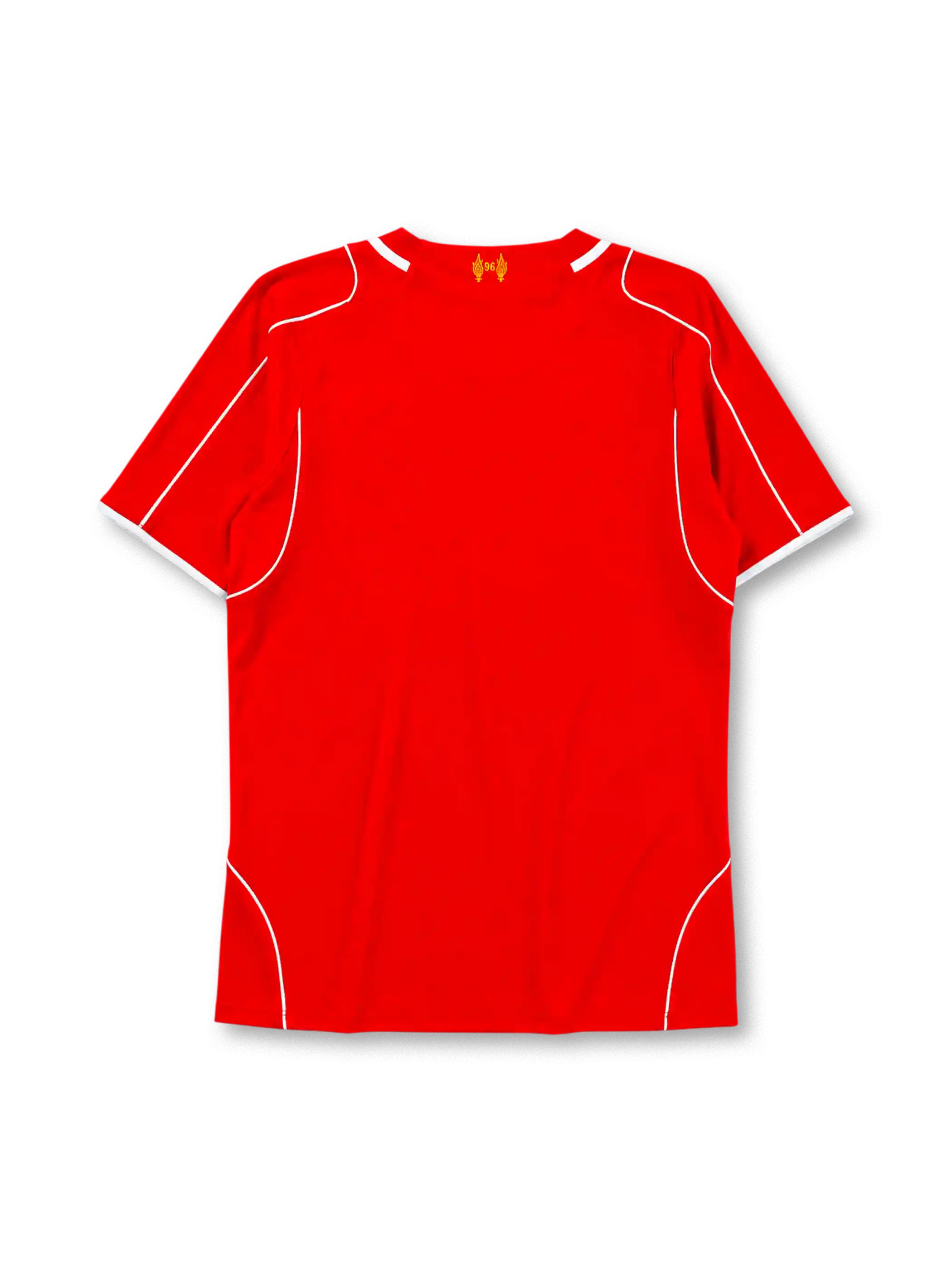 Liverpool 2014-15 home jersey, front view, red body with white piping, V-neck collar, Warrior logo, simplified Liver Bird L.F.C. crest, Standard Chartered sponsor logo