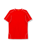 Liverpool 2014-15 home jersey, front view, red body with white piping, V-neck collar, Warrior logo, simplified Liver Bird L.F.C. crest, Standard Chartered sponsor logo