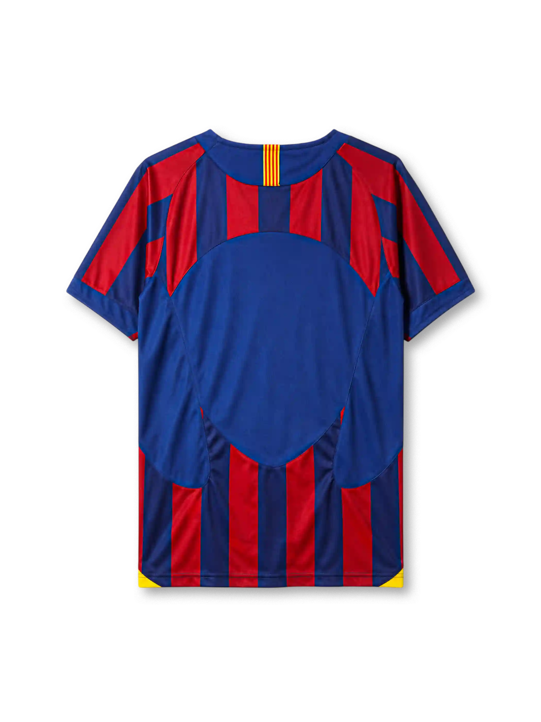 Barcelona 2005-06 home jersey, front view, blue and garnet vertical stripes, crew neck collar with Catalan flag tab, Nike swoosh logo, club crest, yellow side panels