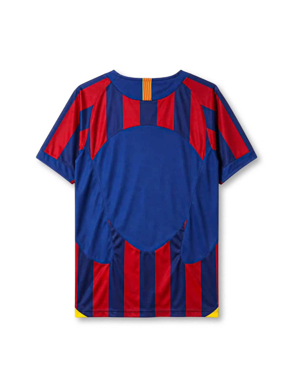 Barcelona 2005-06 home jersey, front view, blue and garnet vertical stripes, crew neck collar with Catalan flag tab, Nike swoosh logo, club crest, yellow side panels