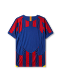 Barcelona 2005-06 home jersey, front view, blue and garnet vertical stripes, crew neck collar with Catalan flag tab, Nike swoosh logo, club crest, yellow side panels