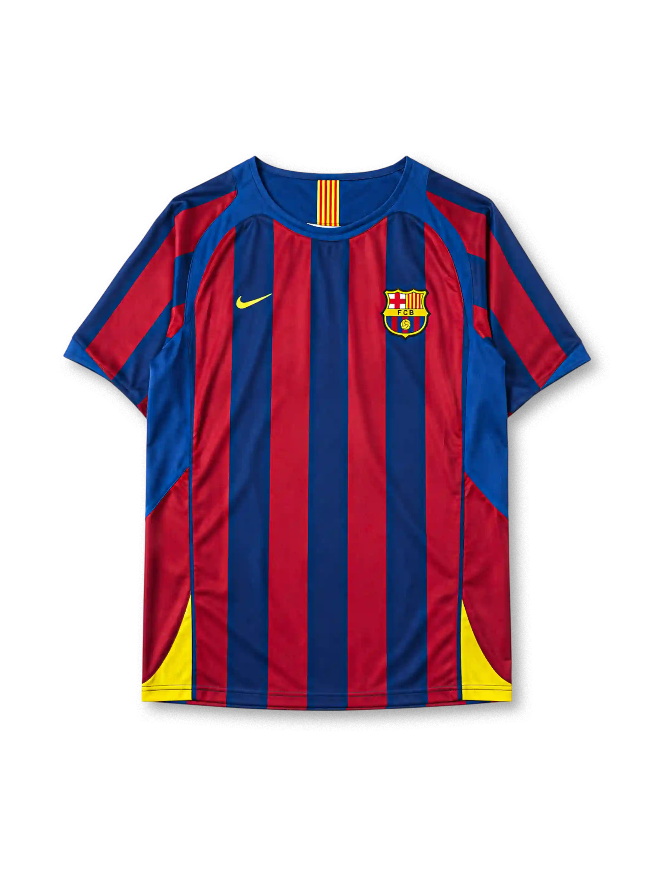 Barcelona 2005-06 home jersey, front view, blue and garnet vertical stripes, crew neck collar with Catalan flag tab, Nike swoosh logo, club crest, yellow side panels