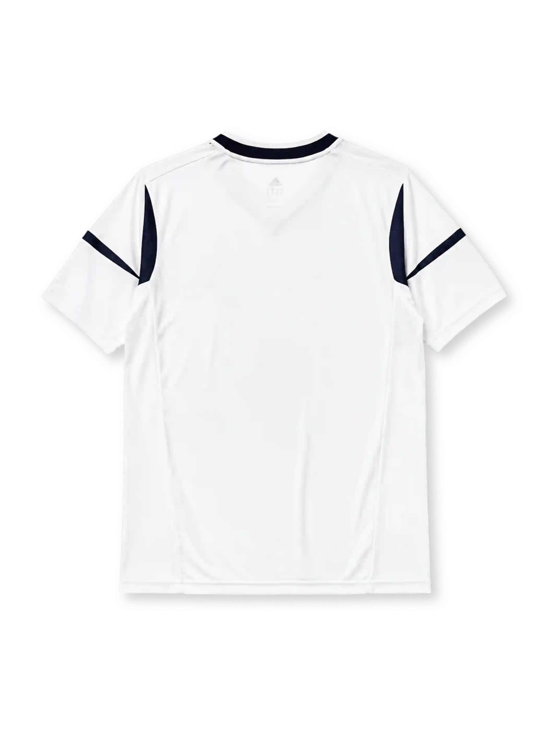 LA Galaxy 2012 home jersey, front view, white body with navy diagonal diamond-pattern sash, adidas three-stripe shoulder detailing, MLS Cup Champion patch, MLS league patch, club crest, Herbalife sponsor logo
