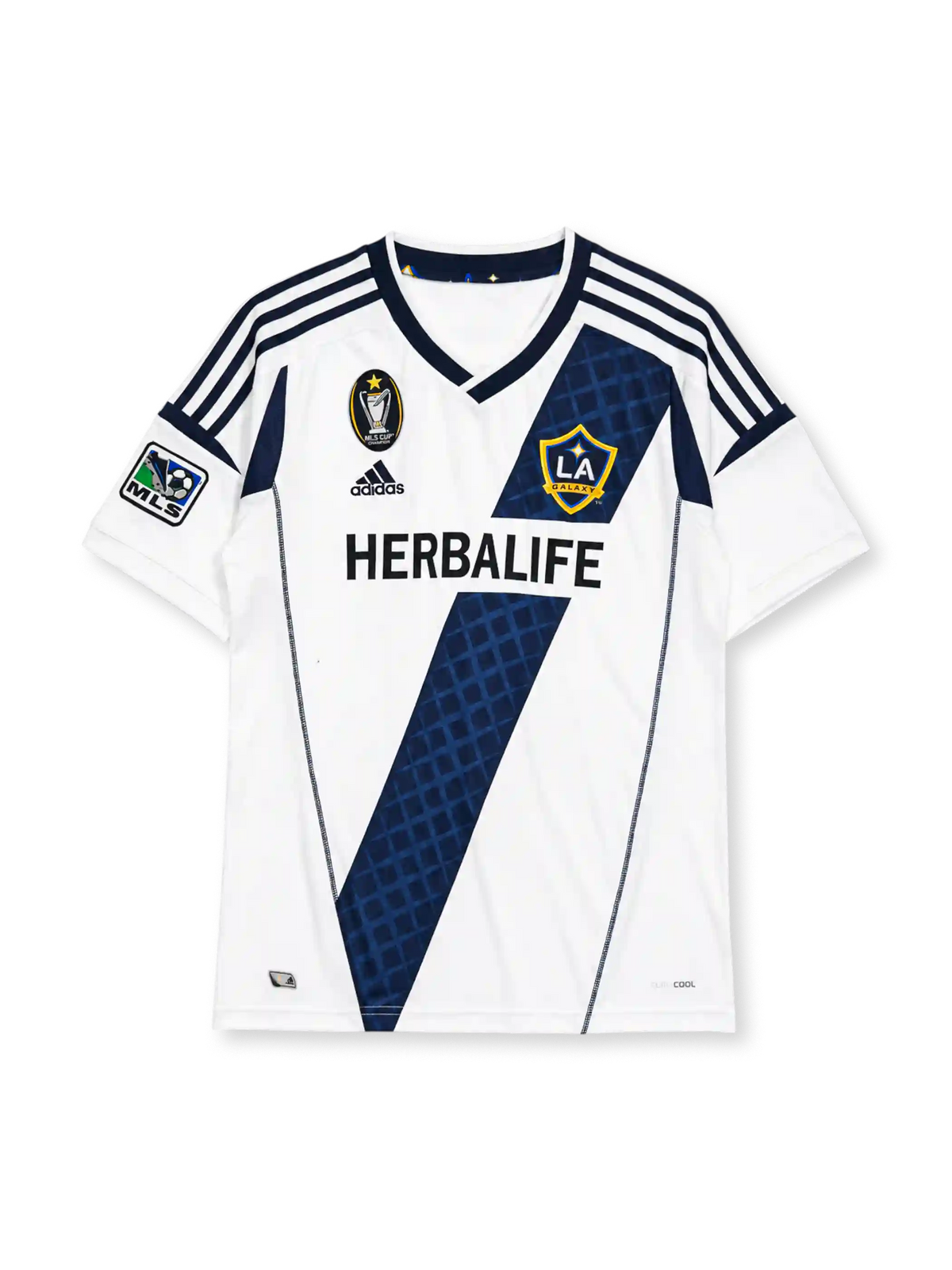 LA Galaxy 2012 home jersey, front view, white body with navy diagonal diamond-pattern sash, adidas three-stripe shoulder detailing, MLS Cup Champion patch, MLS league patch, club crest, Herbalife sponsor logo