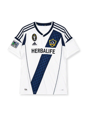 LA Galaxy 2012 home jersey, front view, white body with navy diagonal diamond-pattern sash, adidas three-stripe shoulder detailing, MLS Cup Champion patch, MLS league patch, club crest, Herbalife sponsor logo