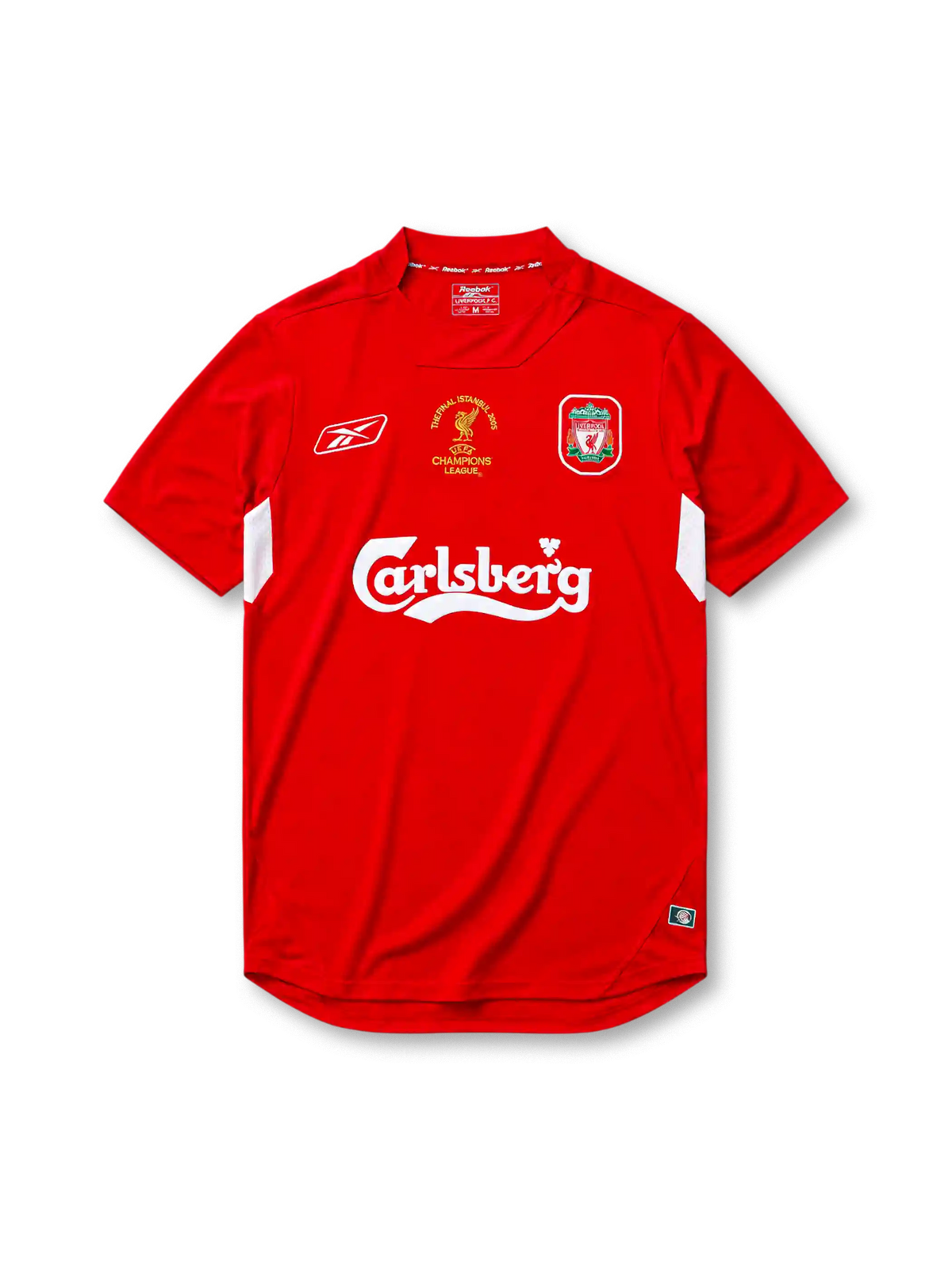 Liverpool 2004-05 Champions League final home jersey, front view, red body with white underarm panels, funnel collar, Reebok logo, Istanbul 2005 commemorative text, club crest, Carlsberg sponsor logo