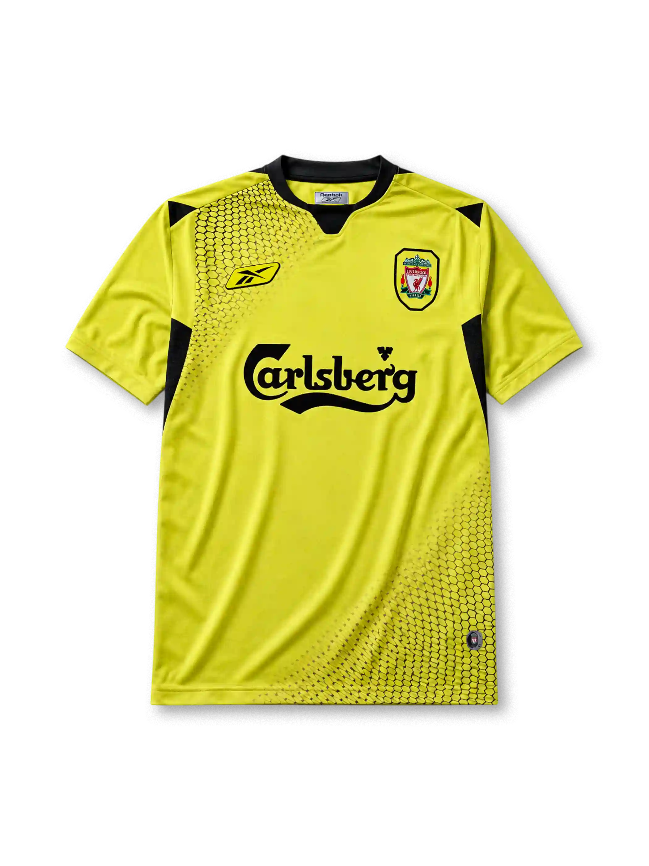 Liverpool 2004-05 away jersey, front view, yellow body with black honeycomb pattern, black V-neck collar, Reebok logo, club crest, Carlsberg sponsor logo