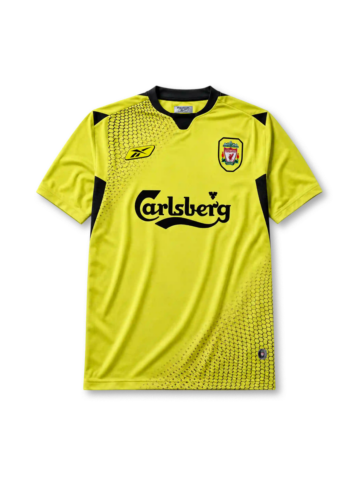 Liverpool 2004-05 away jersey, front view, yellow body with black honeycomb pattern, black V-neck collar, Reebok logo, club crest, Carlsberg sponsor logo