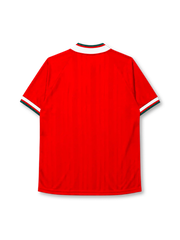 Liverpool 1993-95 home jersey, front view, red body with white diagonal chevron stripes, white V-neck collar with green and red trim, adidas Equipment wordmark, club crest, Carlsberg sponsor logo, striped cuffs
