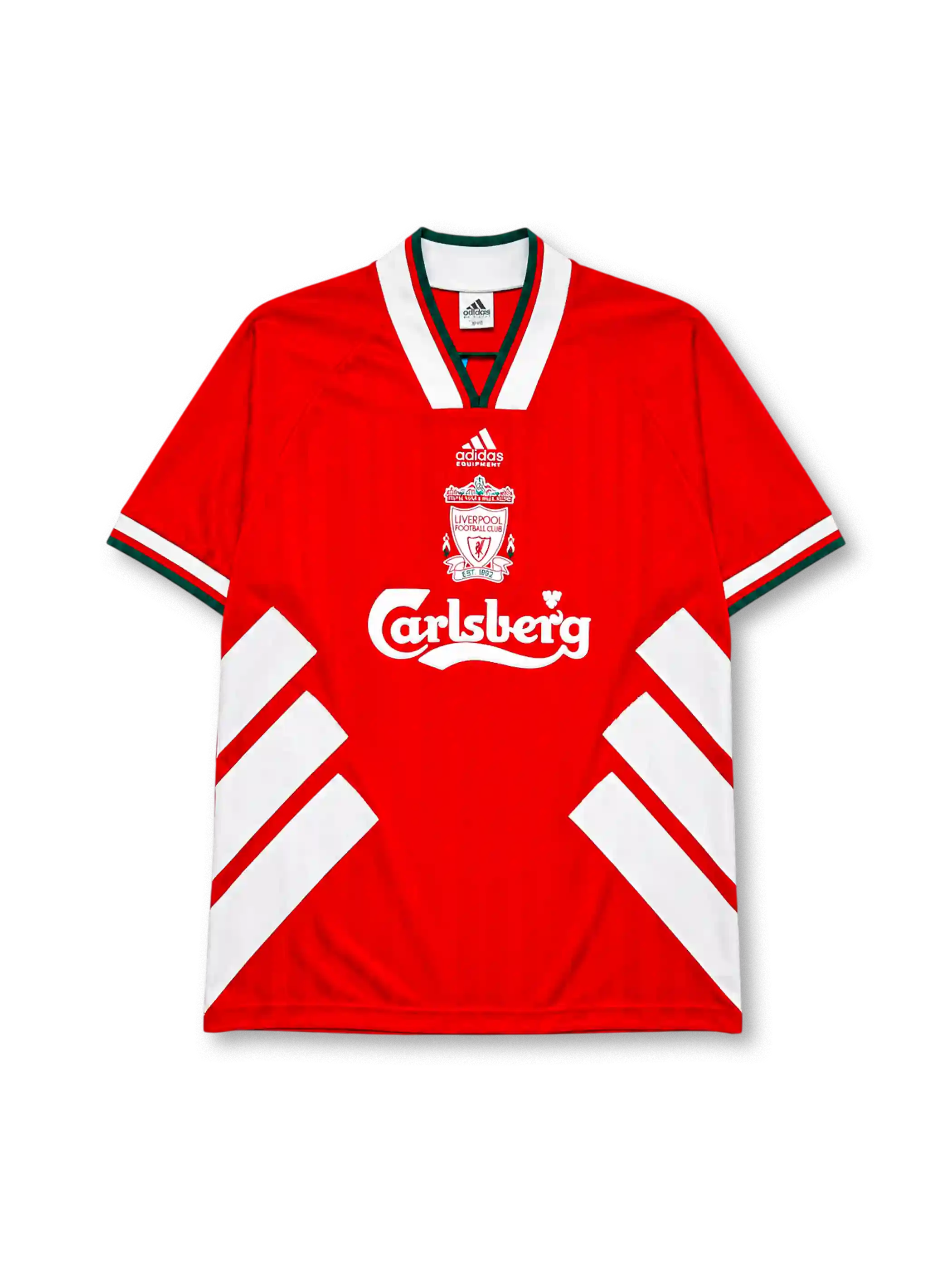 Liverpool 1993-95 home jersey, front view, red body with white diagonal chevron stripes, white V-neck collar with green and red trim, adidas Equipment wordmark, club crest, Carlsberg sponsor logo, striped cuffs