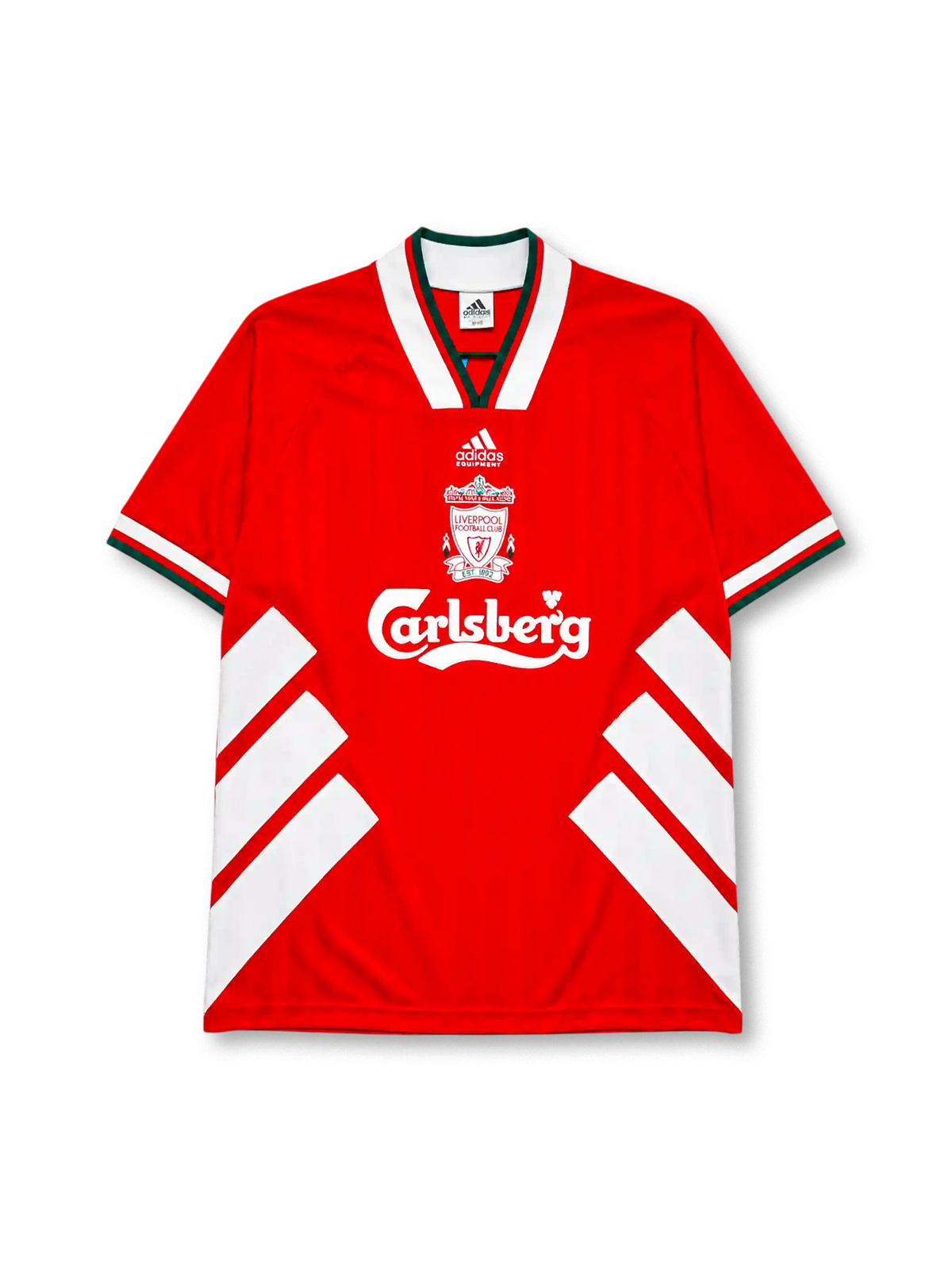 Liverpool 1993-95 home jersey, front view, red body with white diagonal chevron stripes, white V-neck collar with green and red trim, adidas Equipment wordmark, club crest, Carlsberg sponsor logo, striped cuffs