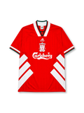 Liverpool 1993-95 home jersey, front view, red body with white diagonal chevron stripes, white V-neck collar with green and red trim, adidas Equipment wordmark, club crest, Carlsberg sponsor logo, striped cuffs
