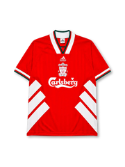 Liverpool 1993-95 home jersey, front view, red body with white diagonal chevron stripes, white V-neck collar with green and red trim, adidas Equipment wordmark, club crest, Carlsberg sponsor logo, striped cuffs