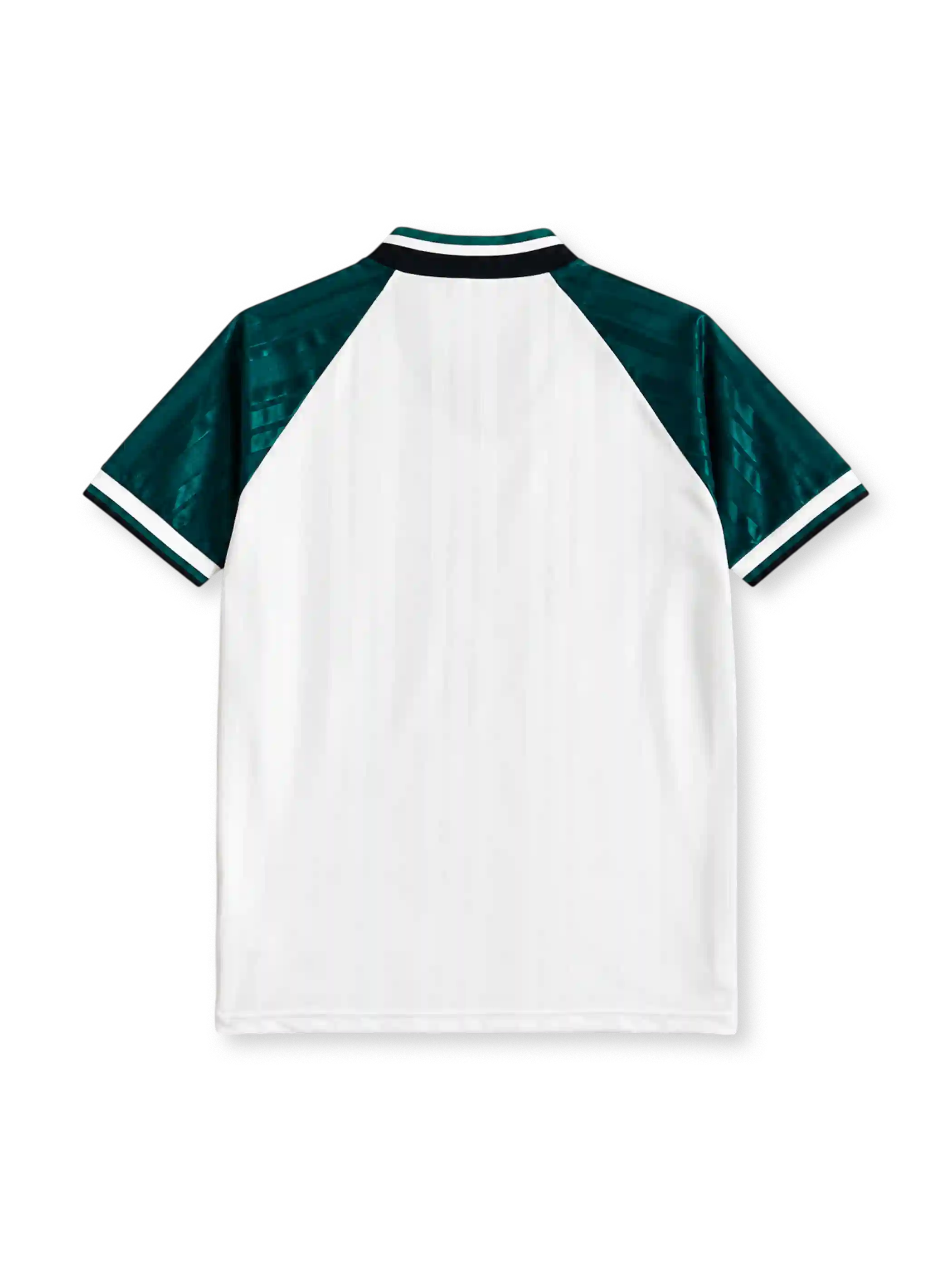 Liverpool 1993-95 away jersey, front view, white body with black diagonal chevron stripes, green tonal jacquard sleeves, V-neck collar, adidas Equipment wordmark, club crest, Carlsberg sponsor logo, striped cuffs
